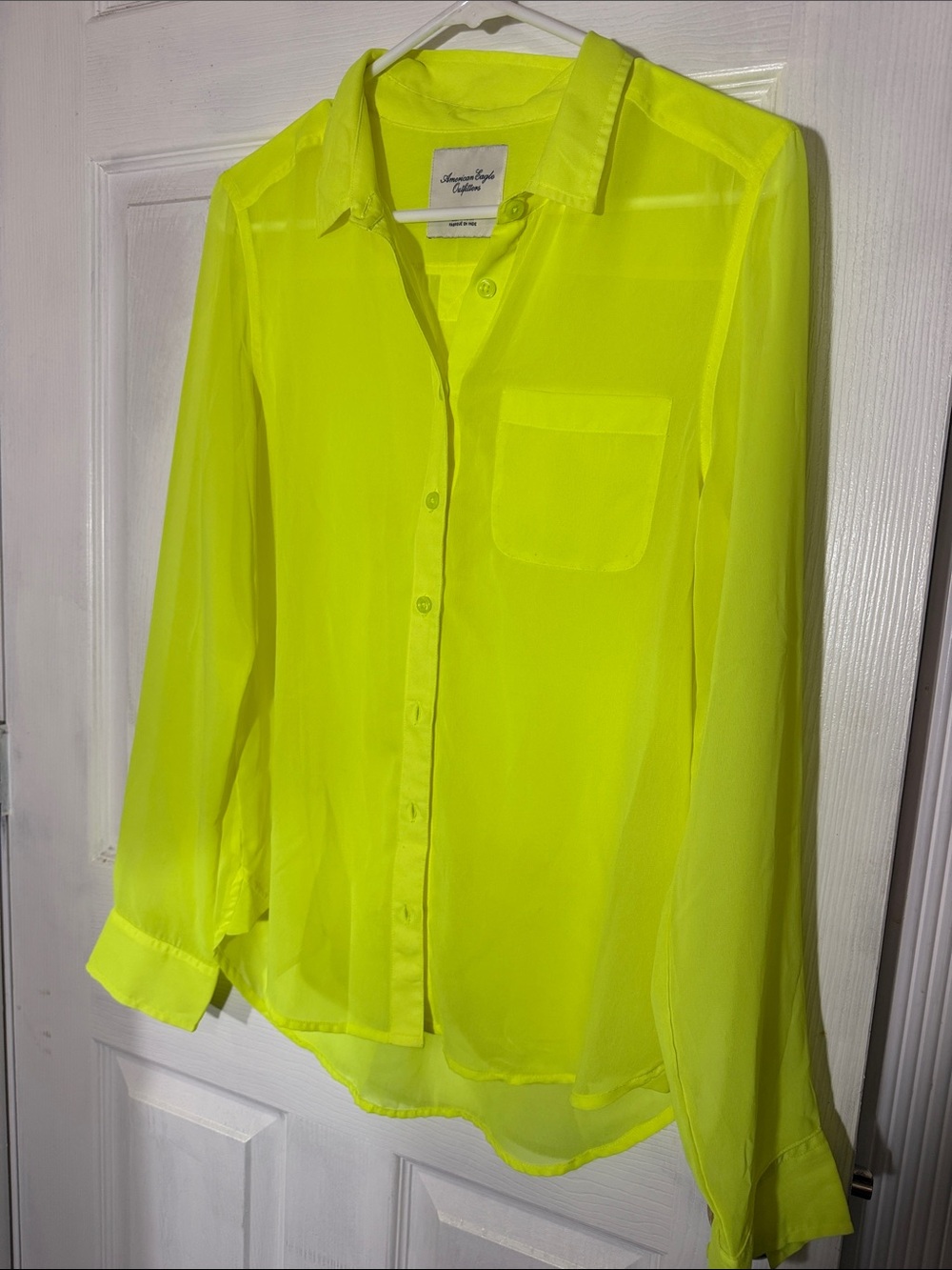American Eagle Outfitters Neon Yellow Sheer Button-Down Shirt